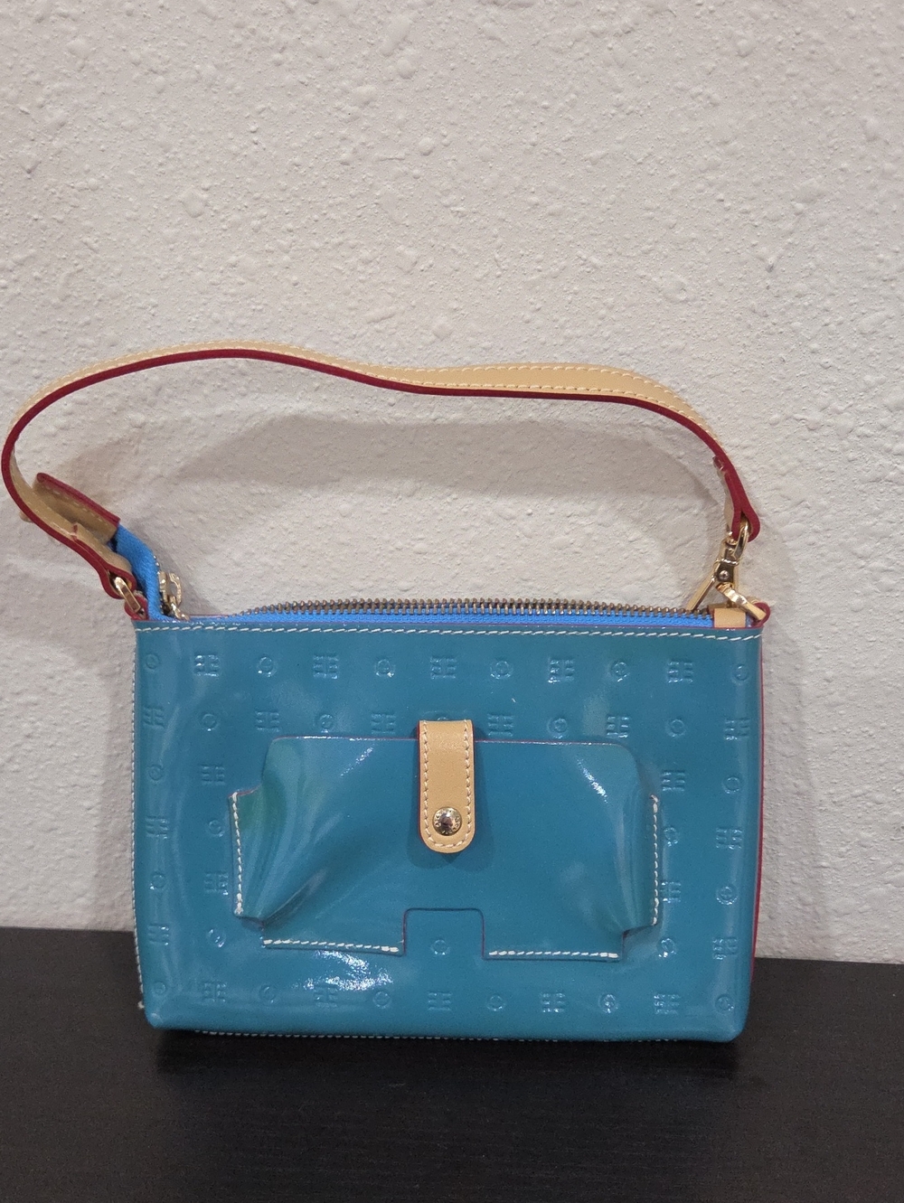 Arcadia Blue Patent Wristlet Bag with Cream Accent